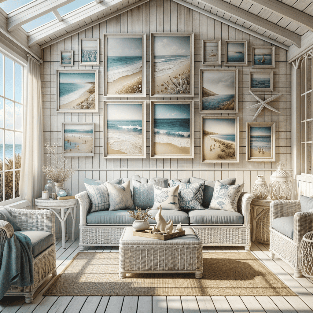 A cozy beach-themed living room with a collection of sea landscape paintings on the wall, wicker furniture accented with blue cushions, and a bright view of the ocean through the windows.