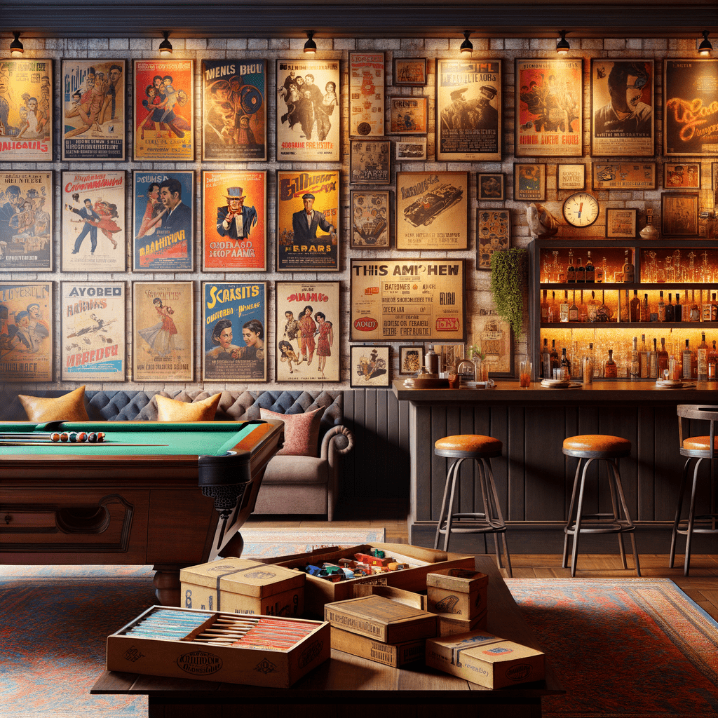 A cozy vintage bar room with a collection of old posters on the wall, a pool table, bar stools, and a well-stocked bar counter illuminated by warm lighting.