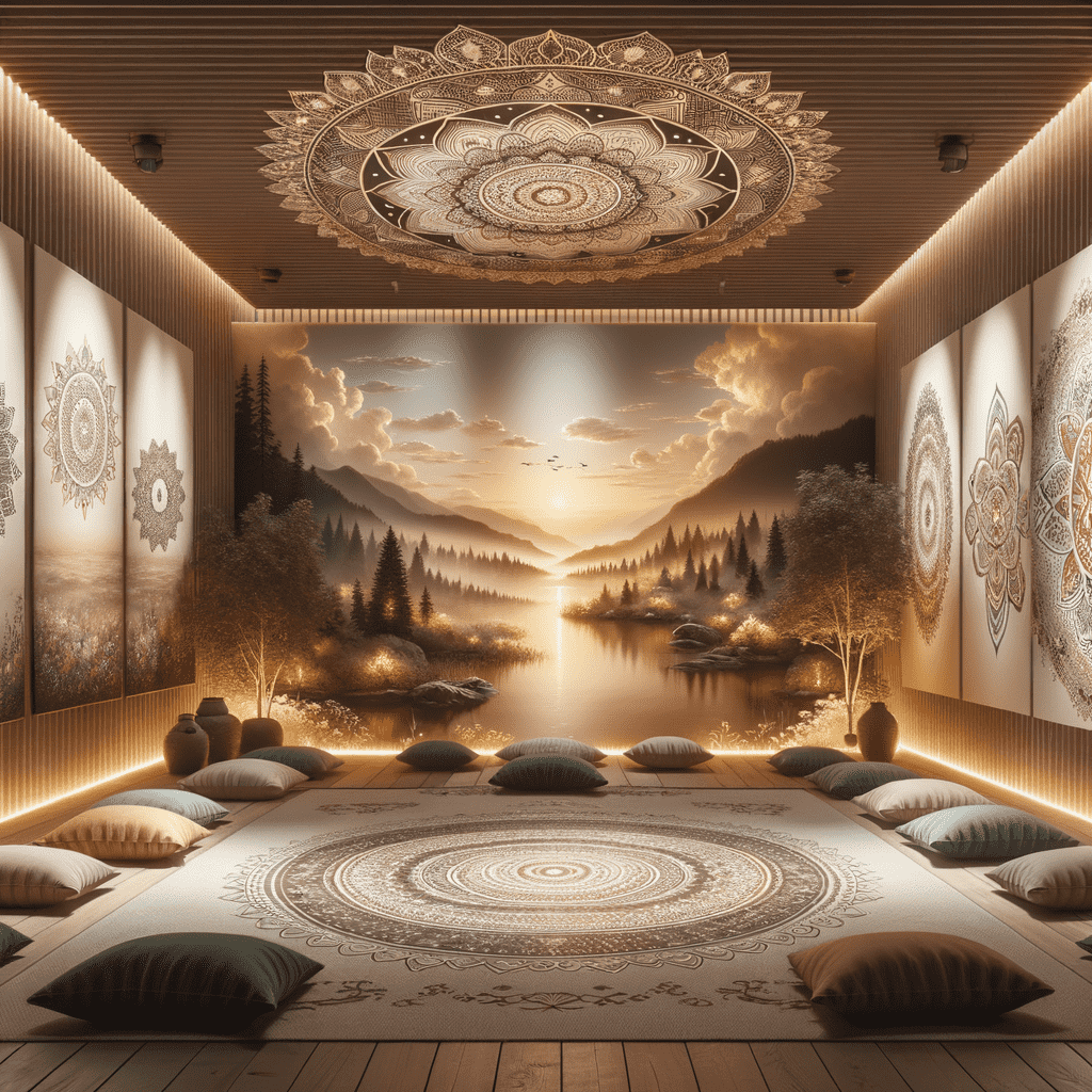 A serene meditation room with a large nature mural depicting a sunset over a mountainous landscape, floor cushions laid out on an ornate rug, and intricate mandala patterns on the walls and ceiling.