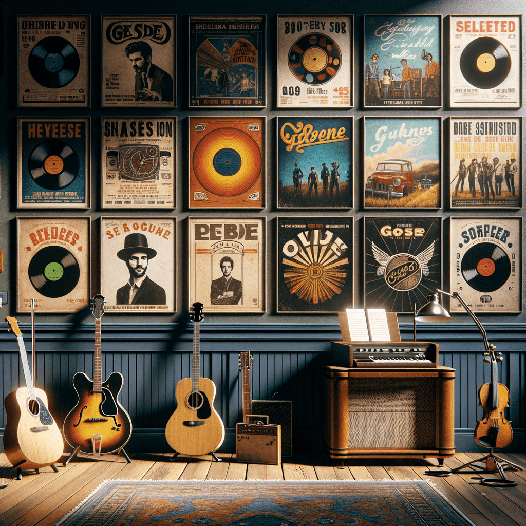 A cozy music room with vintage record album covers on the wall, acoustic guitars leaning against the wall, a music stand with sheet music, and a classic amplifier.