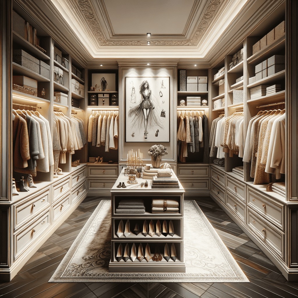 Alt text: An elegant walk-in closet with detailed wood cabinetry, shelves filled with neatly organized clothing, a central island with accessories on display, and framed fashion artwork on the back wall.