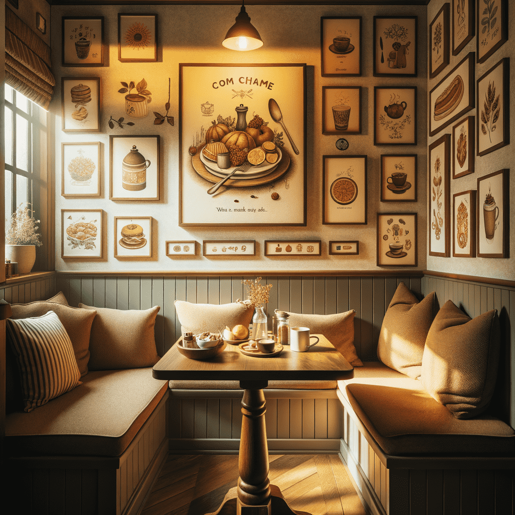A cozy, warmly lit café corner featuring a wooden table and comfortable seating with cushions, surrounded by walls adorned with various framed pictures of food and beverages.