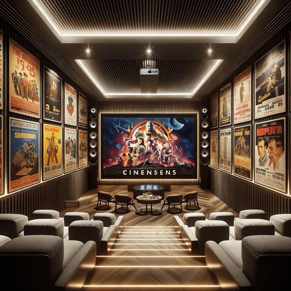 Alt text: "A luxurious home theater room with rows of plush seating facing a large screen displaying a colorful movie poster. The walls are adorned with classic film posters, illuminated by elegant overhead lighting, and a projector is mounted on the ceiling."