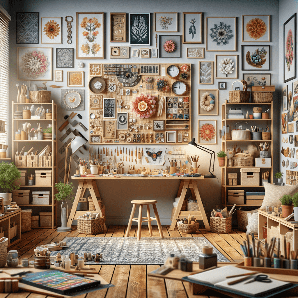 An artist's workspace filled with organized tools, paints, and brushes on a wooden table, and walls adorned with various framed artworks and decorative objects.
