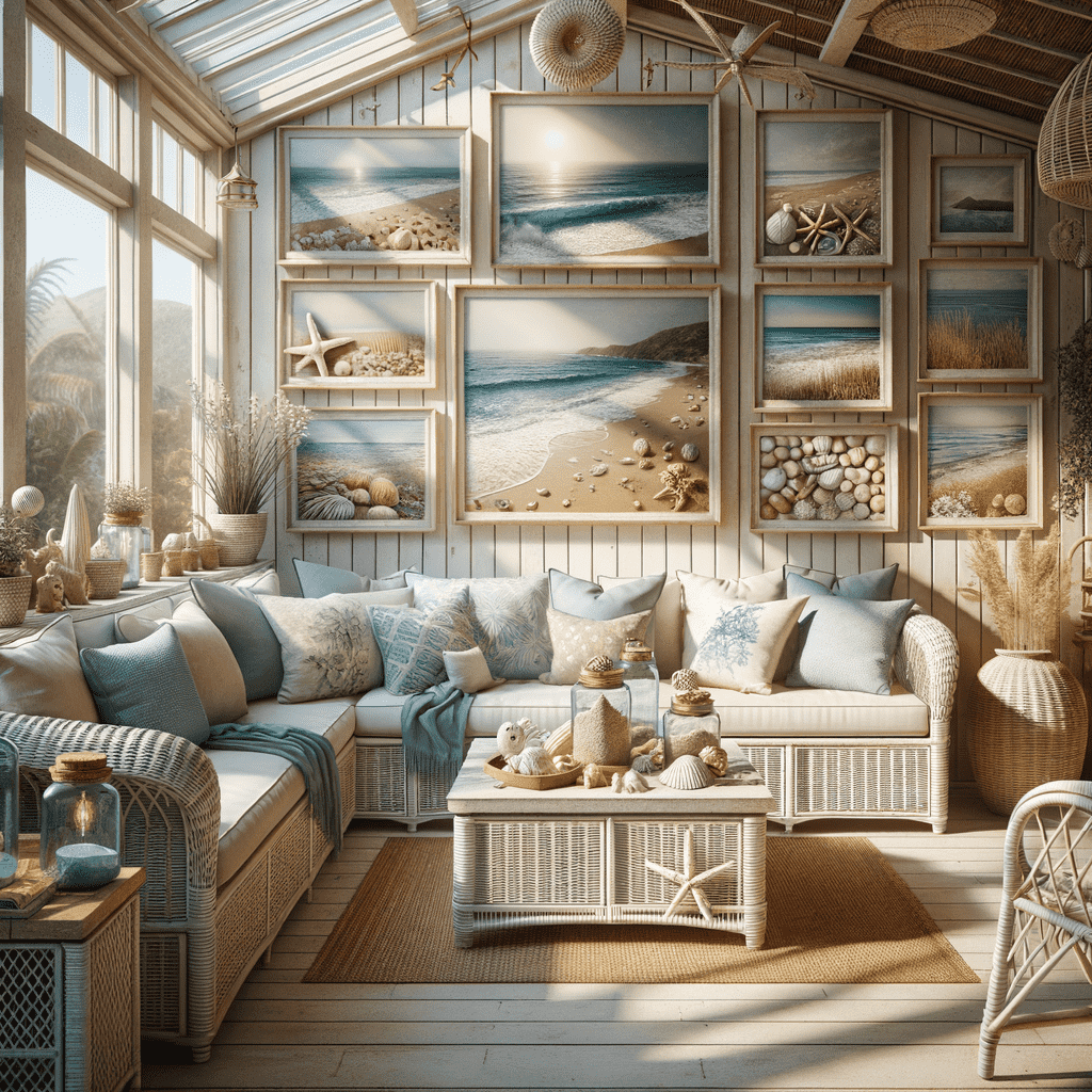 A cozy beach-themed sunroom with cushioned wicker furniture, a variety of coastal decor, framed seaside artwork, and warm sunlight pouring through the windows.