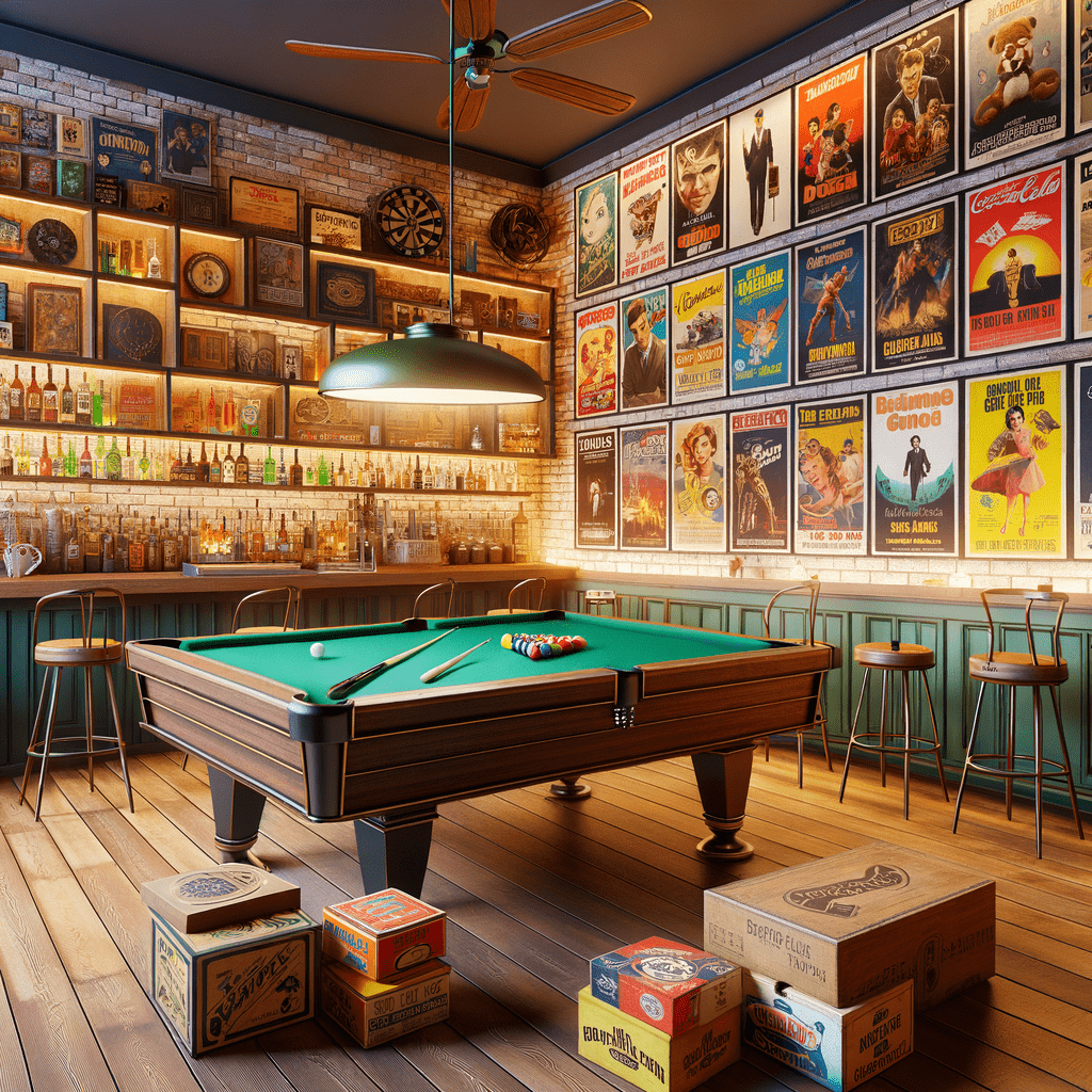 A retro-styled game room with a pool table, vintage movie posters on the walls, and a bar with various liquor bottles in the background.