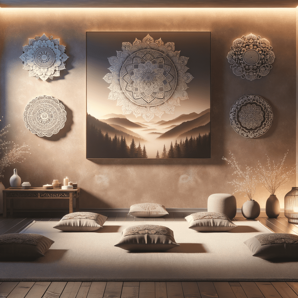 A serene meditation room with floor cushions, decorative mandala wall art, and a calming mountain landscape.