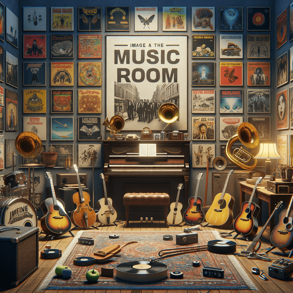 Alt text: A cozy music room filled with various musical instruments, including guitars, a piano, and brass instruments, surrounded by walls adorned with an array of vintage music posters. A turntable sits on the floor amidst vinyl records, and the room has a warm, inviting atmosphere.