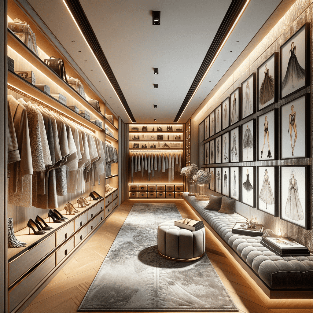 Luxurious walk-in closet with well-organized clothing, handbags, and shoes on shelves, comfortable seating, and fashion sketches decorating the walls, all in warm lighting.