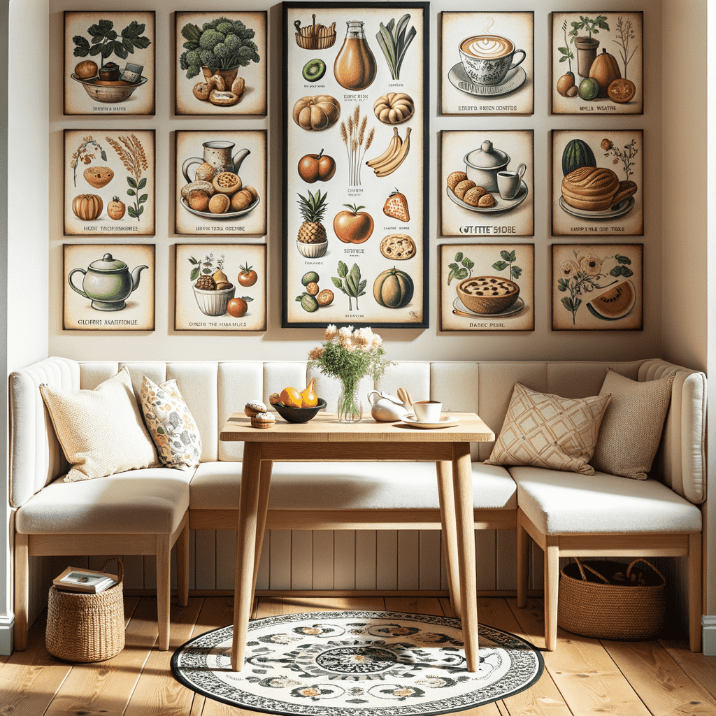 A cozy dining nook with beige upholstered bench seating and a wooden table, set against a wall decorated with framed vintage-style botanical and food illustrations. A patterned round rug anchors the space, and a bowl of fruit and a vase with flowers sit atop the table.