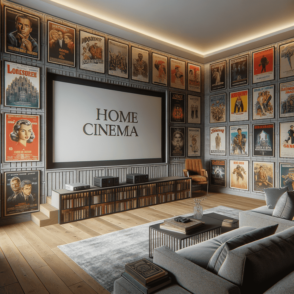 A cozy and stylish home cinema room with walls adorned with an array of classic movie posters, a large central screen with the words "HOME CINEMA," comfortable seating, and a shelf full of books under the screen.