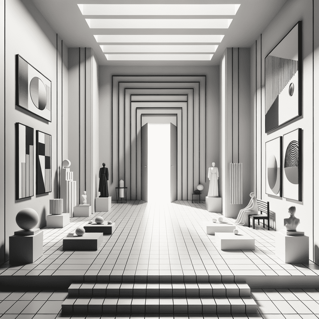 An abstract art gallery interior with monochromatic geometric decorations and sculptures, leading to a bright doorway at the end of a perspective hallway.