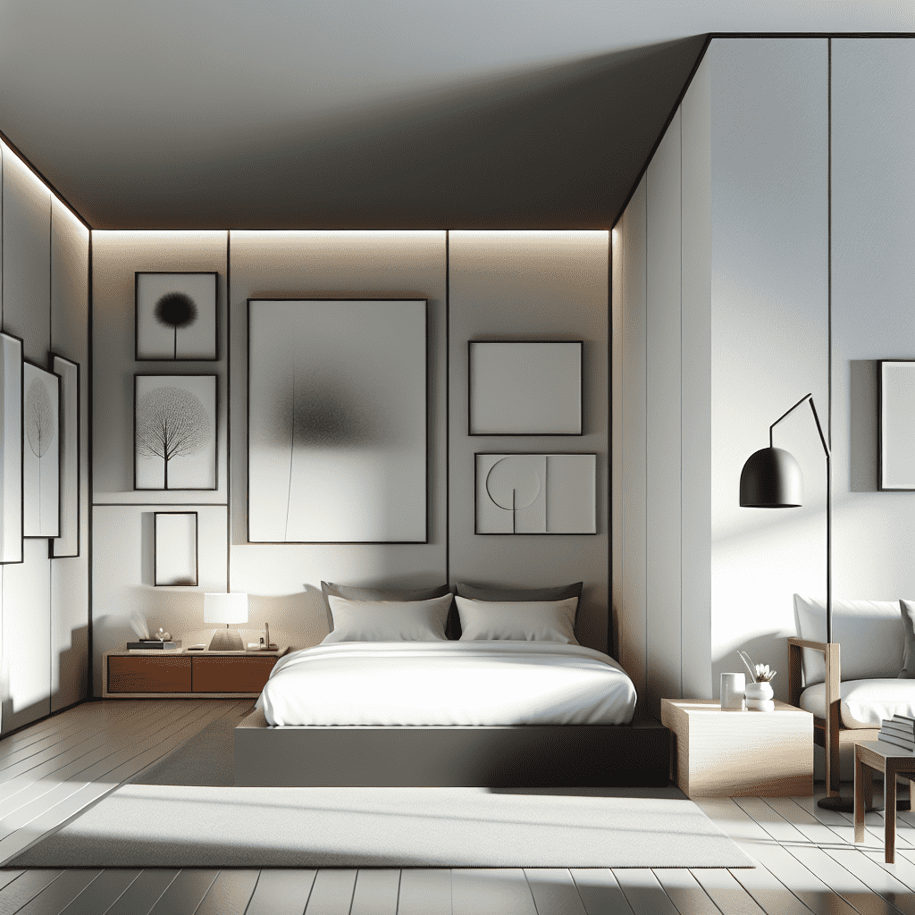 A modern bedroom with a minimalist design, featuring a large bed with white bedding, framed artwork on the walls, a reading nook with a chair and lamp, and natural light casting a warm glow.