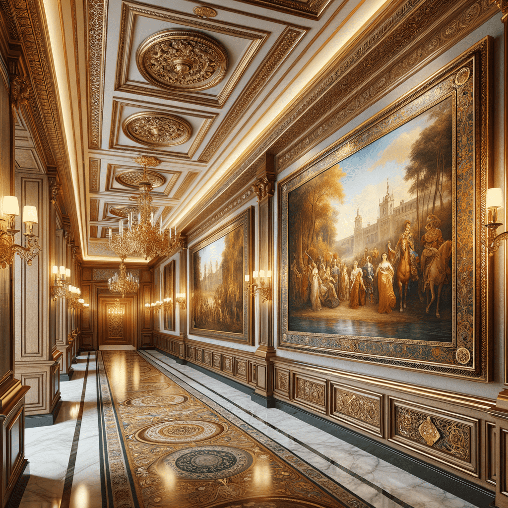 Opulent hallway with intricate ceiling details, ornate chandeliers, and large historic paintings on the walls.