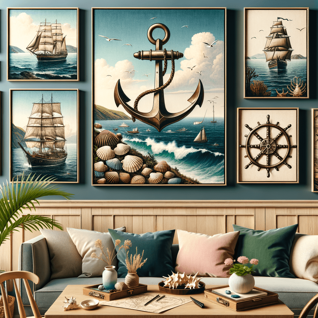 A stylishly decorated room with a nautical theme featuring a gallery wall of framed paintings of ships, an anchor, and seashells, alongside a cozy sofa with cushions and a coffee table adorned with maritime decor.