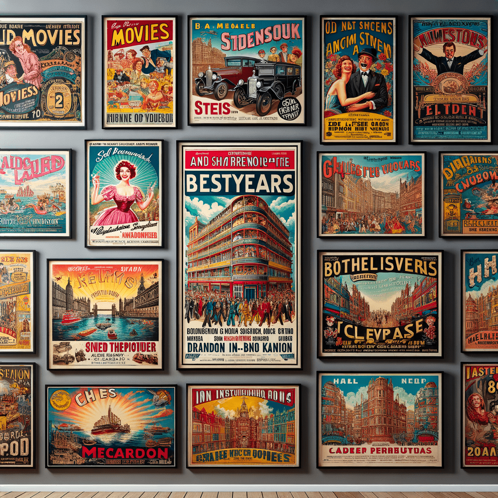 A wall filled with various framed vintage-style posters with an assortment of themes, including movies, travel, and entertainment, arranged in a grid pattern.