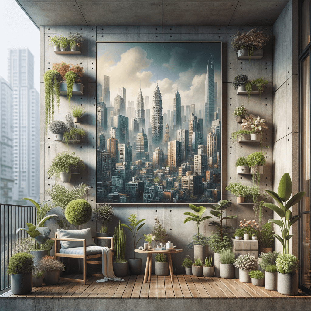 A cozy urban balcony with an assortment of potted plants and comfortable seating overlooking a large, photorealistic cityscape mural.