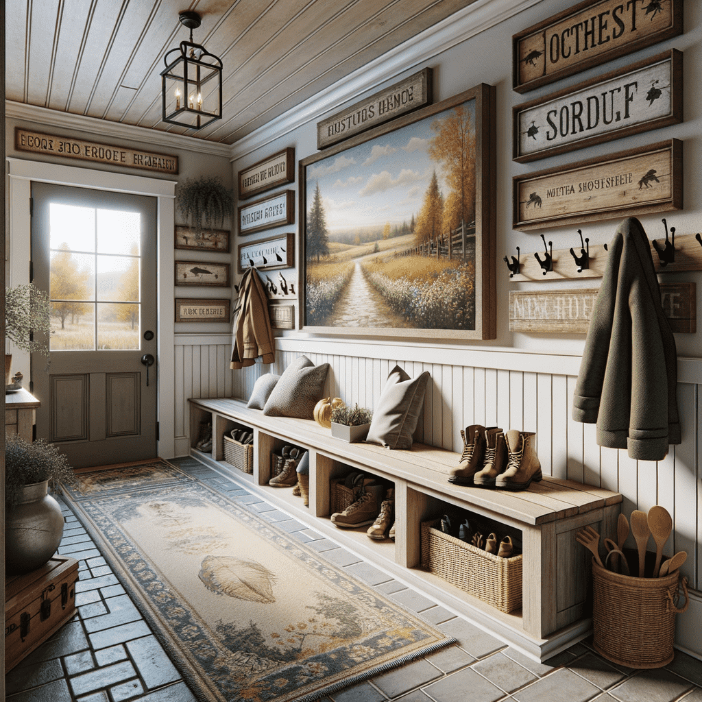 A cozy mudroom with a bench, hooks holding coats, throw pillows, shoes and storage baskets, a pastoral painting above, and a rustic chandelier. A door with a window floods the room with natural light.