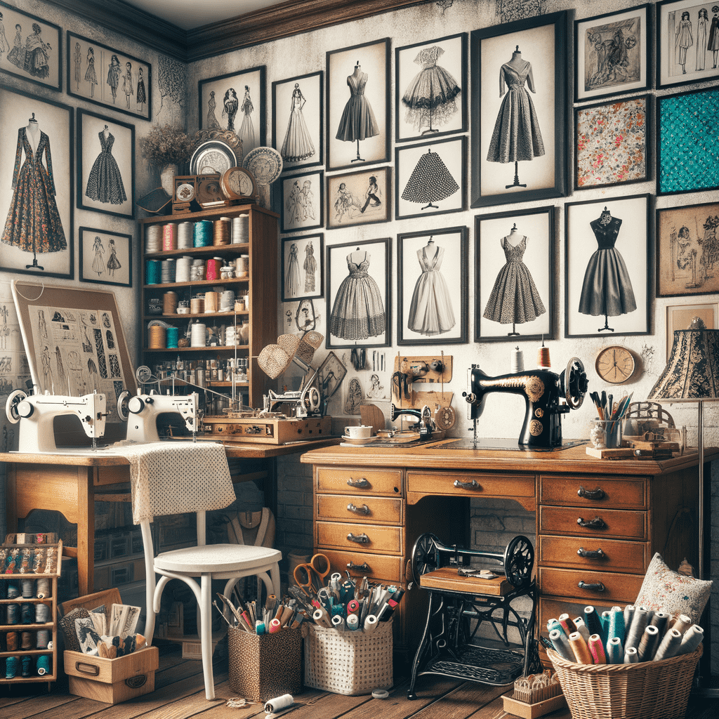 A vintage sewing room with an array of framed fashion illustrations on the walls, sewing machines on wooden desks, and shelves stocked with colorful thread spools.