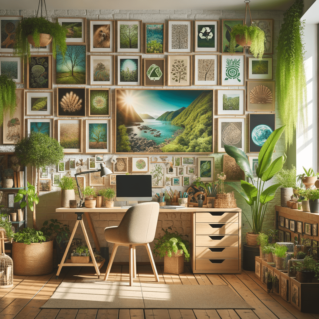 A cozy home office space with a wooden desk and chair, surrounded by an extensive collection of framed nature-inspired artwork and photographs covering the wall. The room is filled with various plants, giving it a vibrant and green ambiance.