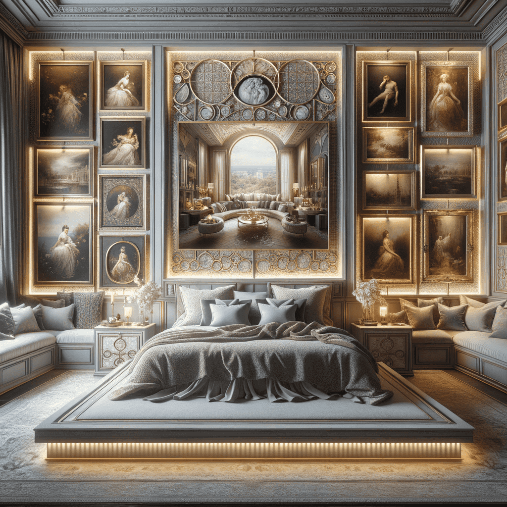 An opulent bedroom with a large bed in the foreground, framed classical paintings on the walls, and a view into an adjoining luxurious sitting area through an ornate archway. The room is richly decorated in gold and neutral tones, with intricate details and classical motifs throughout.