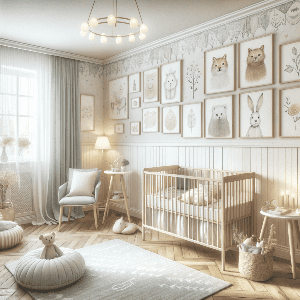 A cozy, well-lit nursery room with pastel tones and woodland animal-themed wall art. The room includes a crib, armchair, round ceiling light, and soft toys.