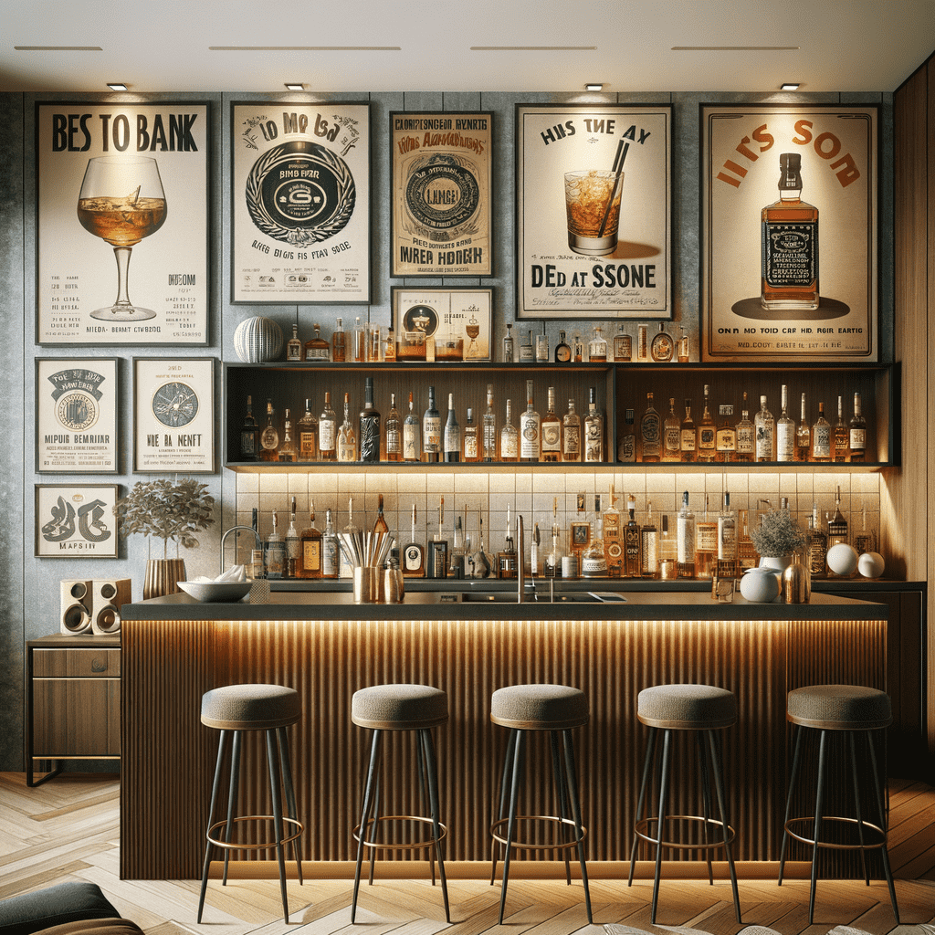 A stylish home bar with a variety of liquor bottles on shelves, vintage-inspired decorative posters above, and four modern stools in front.