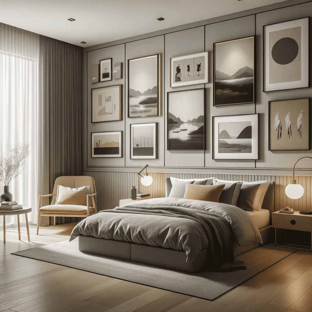 A modern bedroom with a large bed, a gallery wall of framed art pieces, armchair, side tables, and ambient lighting.