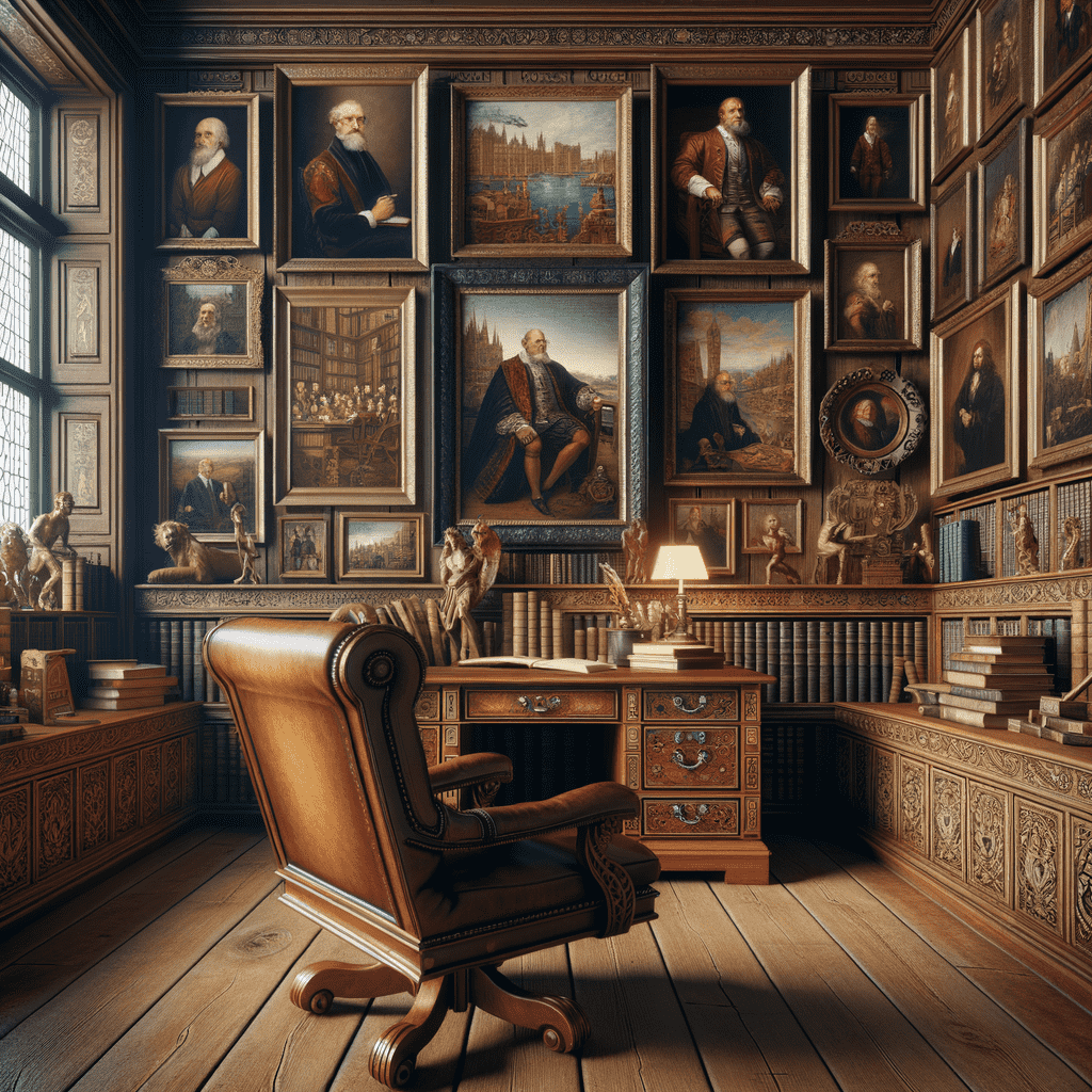 Classic study room with ornate woodwork, leather chair, desk with lamp, and walls adorned with framed paintings and sculptures.