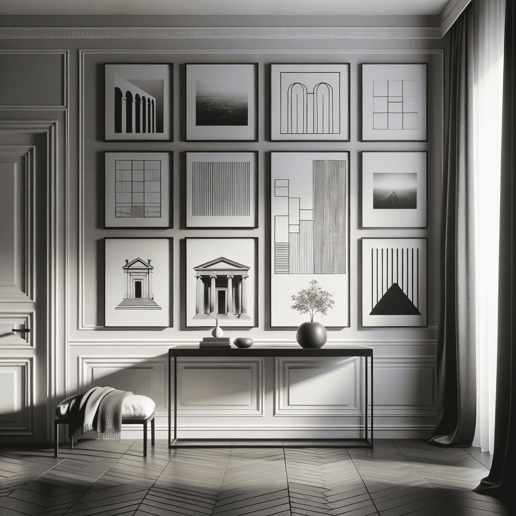 A monochromatic room with a modern console table, a bench with a throw blanket, herringbone-patterned floor, and a wall decorated with various framed abstract artworks.