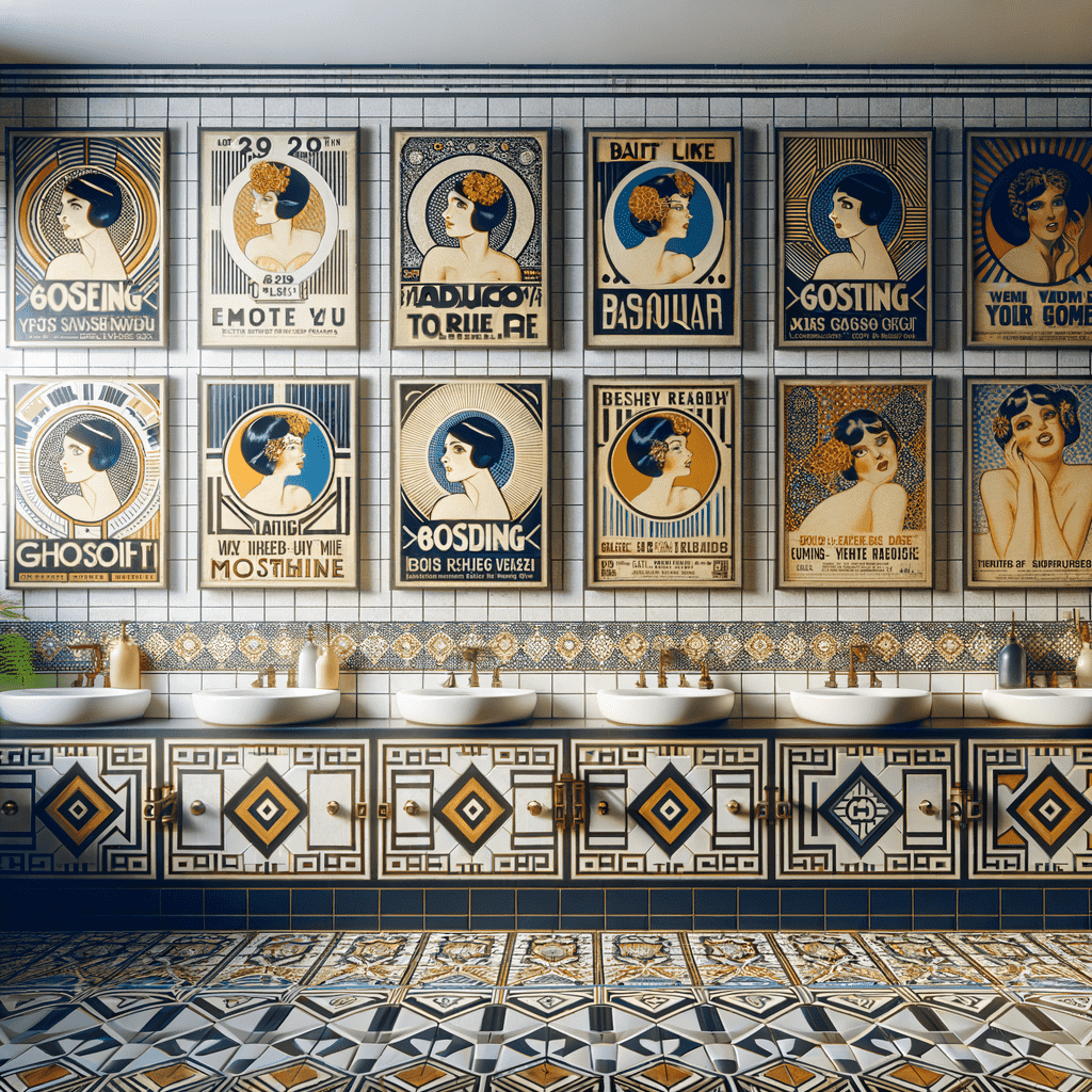 Art deco-style bathroom with patterned tiles and posters featuring stylized women.