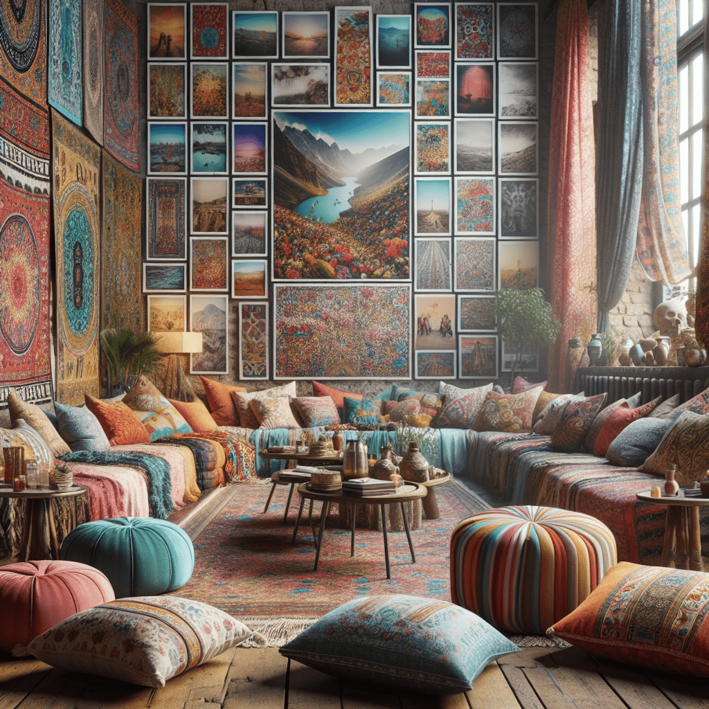 A cozy bohemian-style room filled with colorful textiles and cushions, a wall adorned with an array of framed photographs and tapestries, and a central coffee table surrounded by seating areas.
