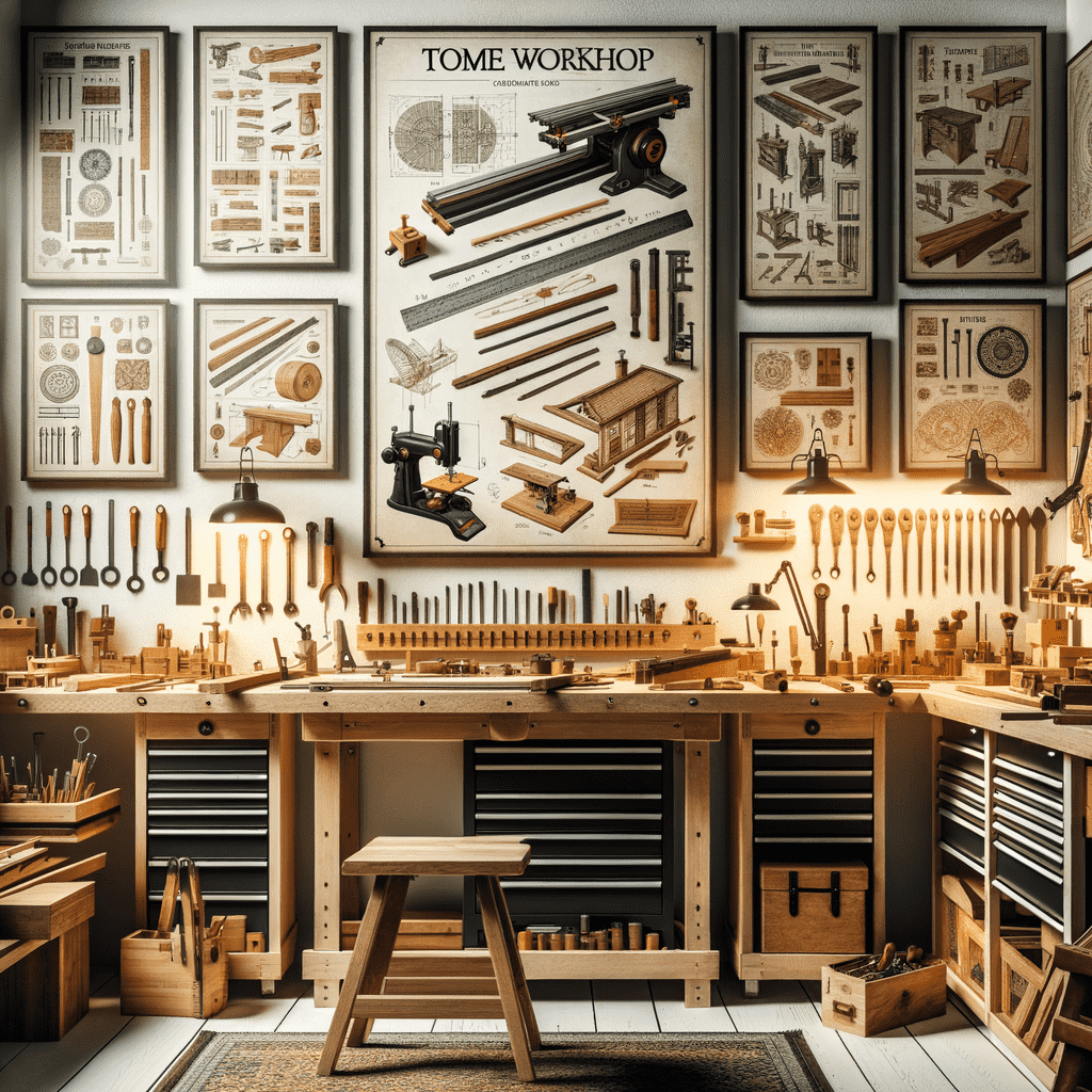A well-organized woodworking workshop with tools meticulously arranged on the walls and workbenches. Various hand tools and drawers are visible, and instructional posters with diagrams of tools and woodworking techniques adorn the wall above.