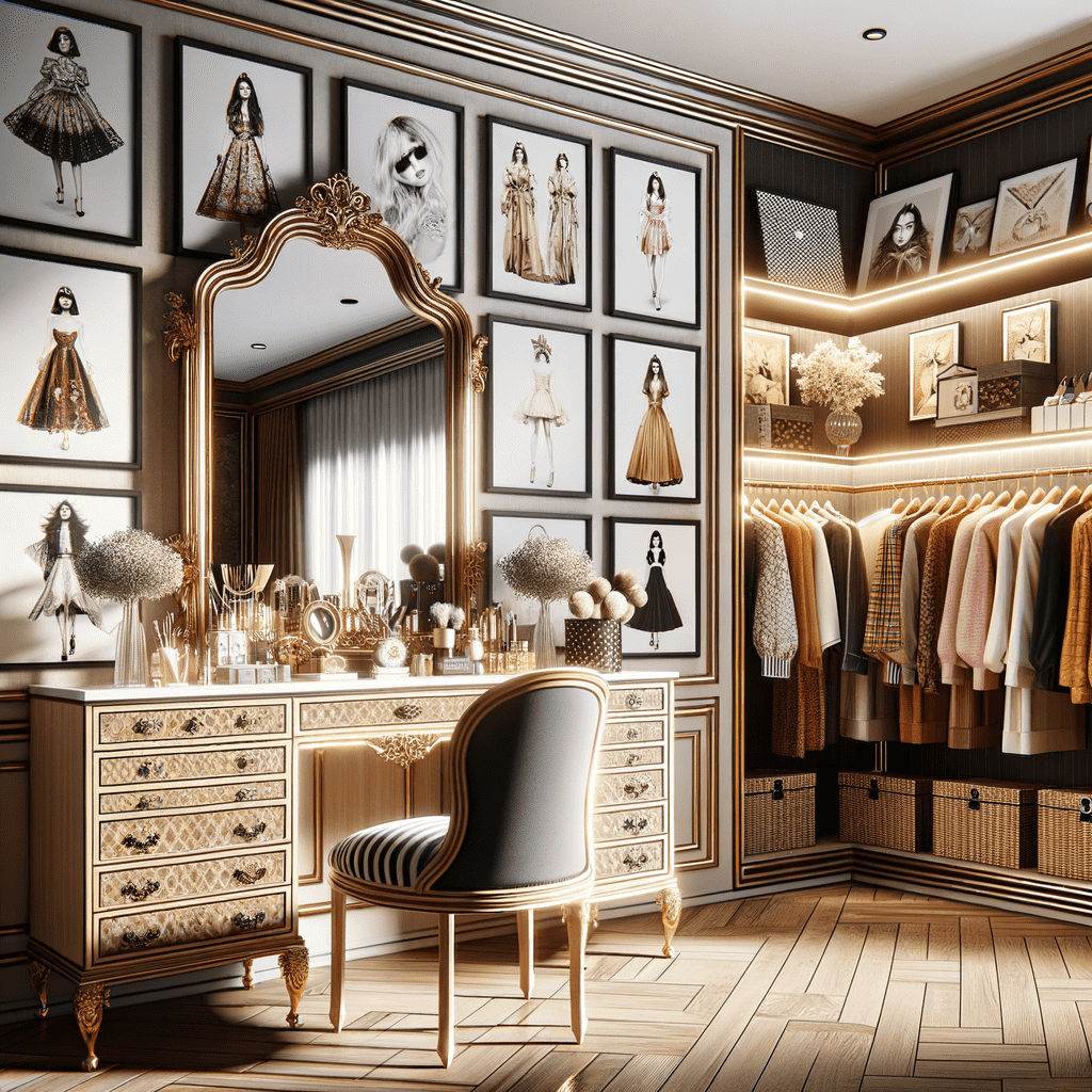 An elegant walk-in closet with a large ornate mirror, framed fashion illustrations on the walls, a vintage-style vanity table, and neatly arranged clothing racks filled with garments.