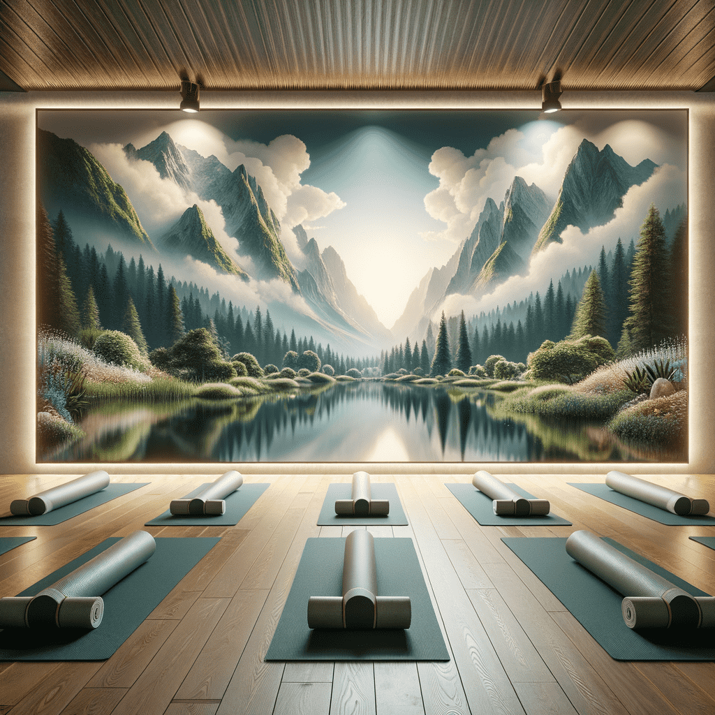 An indoor yoga studio with neatly arranged mats and rolled towels, featuring a large, tranquil wall mural of a mountain landscape with a reflective lake and lush greenery.