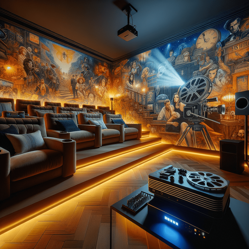 A luxurious home cinema room with comfortable seating and atmospheric lighting, featuring a large mural of classic film moments and a vintage-style projector.