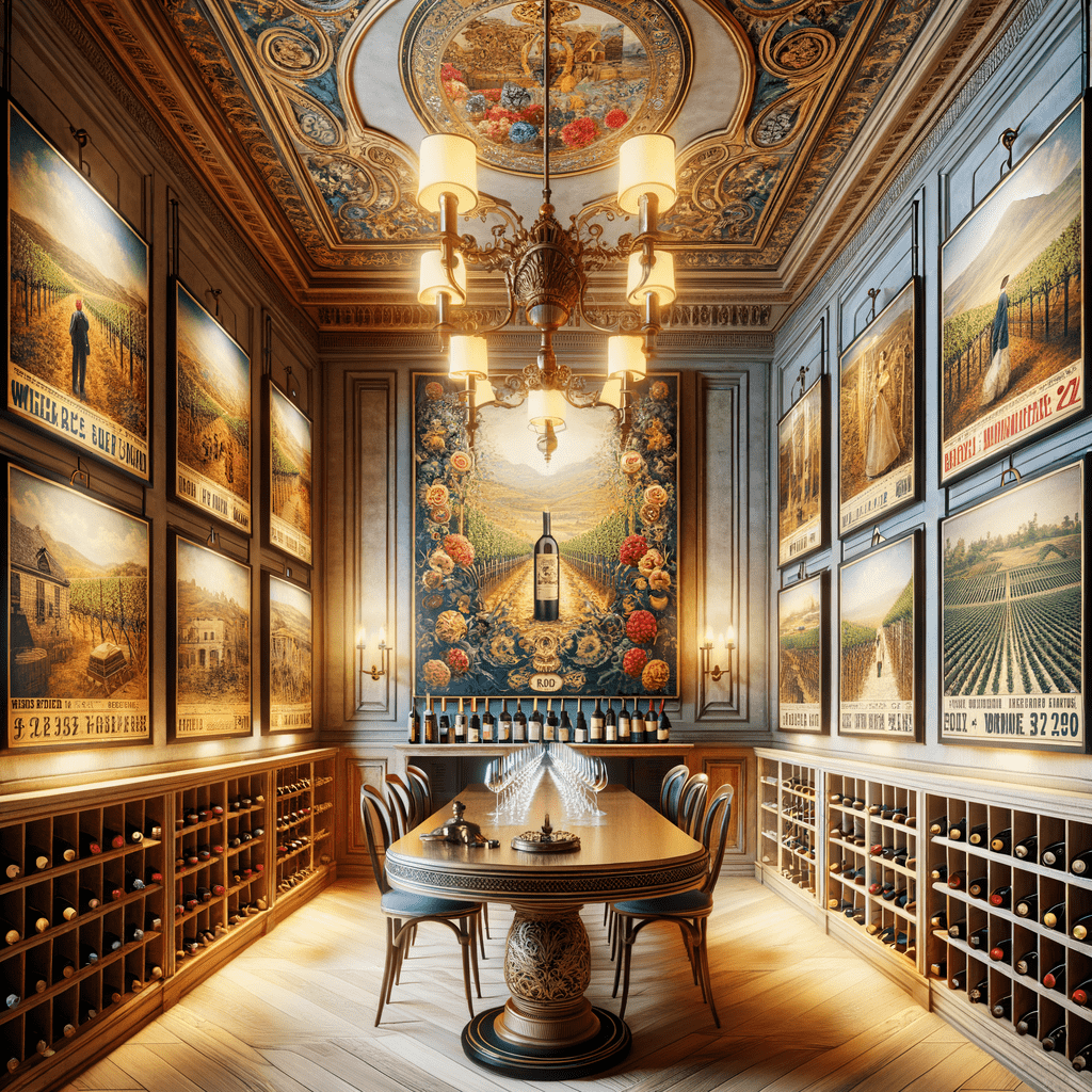 Alt text: An ornate wine tasting room with wood-paneled walls adorned with vintage wine posters, a decorative ceiling, wall-mounted wine racks, and an elegantly set central tasting table under a chandelier.