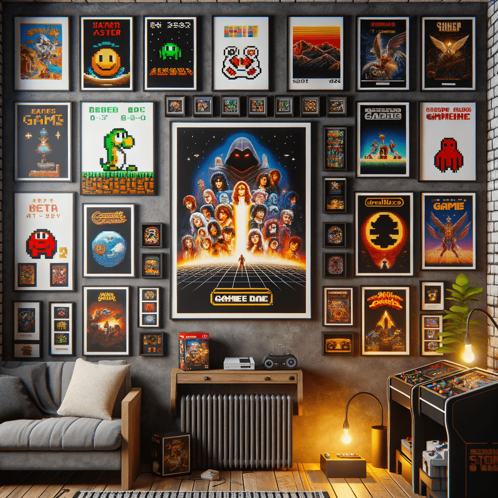 A cozy gaming themed room filled with framed pixel art posters of classic video games on the walls, a shelf with game boxes, retro gaming consoles, a comfortable couch, a gaming arcade cabinet, and ambient lighting. The room has a nostalgic and inviting atmosphere for any game enthusiast.