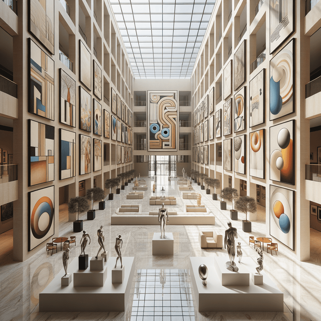 Alt text: An interior image of a spacious art gallery with high walls filled with various framed artworks, sculptures on plinths, and seating areas under a large skylight that illuminates the space.