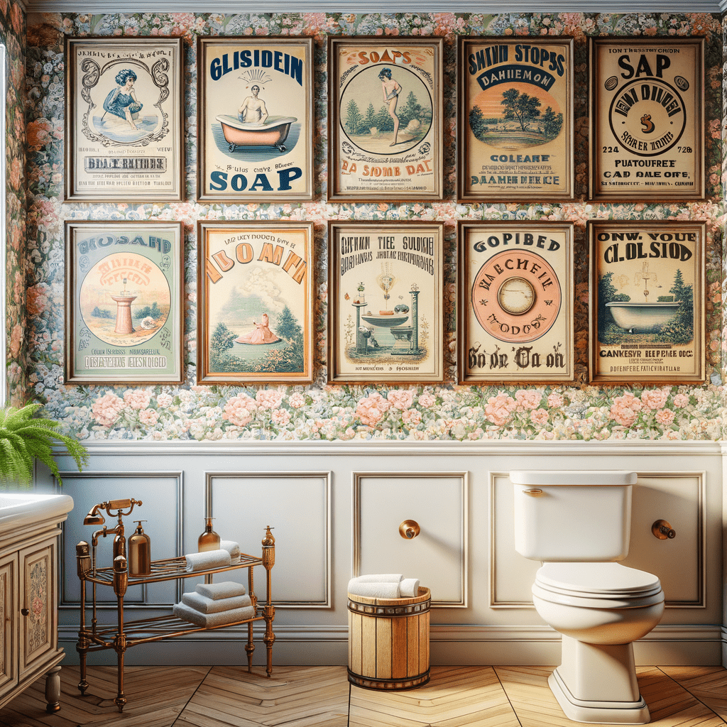 A vintage-style bathroom with floral wallpaper, a collection of framed soap advertisements on the wall, a classic porcelain toilet, antique wooden washstand with towels, and a wooden bucket.