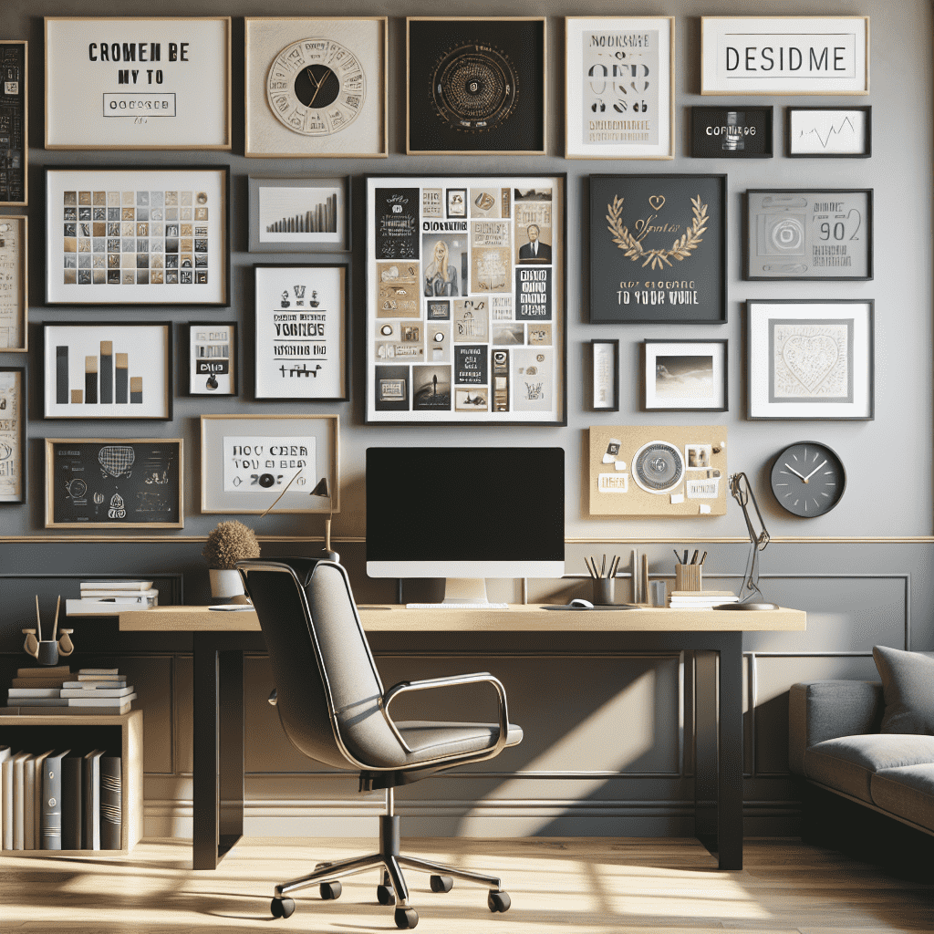 Alt text: A neatly organized home office featuring a desk with a computer monitor, an ergonomic chair, and a wall adorned with a diverse collection of framed artwork, clocks, and inspirational quotes.