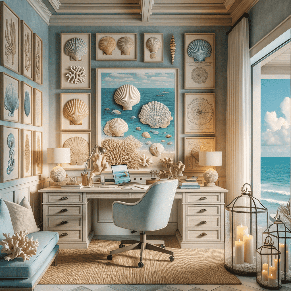 A well-lit home office with a coastal theme, featuring a desk with a laptop, surrounded by various seashells, maritime decorations, and a view of the ocean through a window.