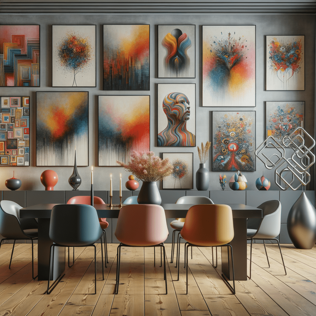 A modern dining room with a variety of colorful abstract paintings on the wall, a black dining table with multicolored chairs, decorative vases, and candles on the table, set against hardwood floors.