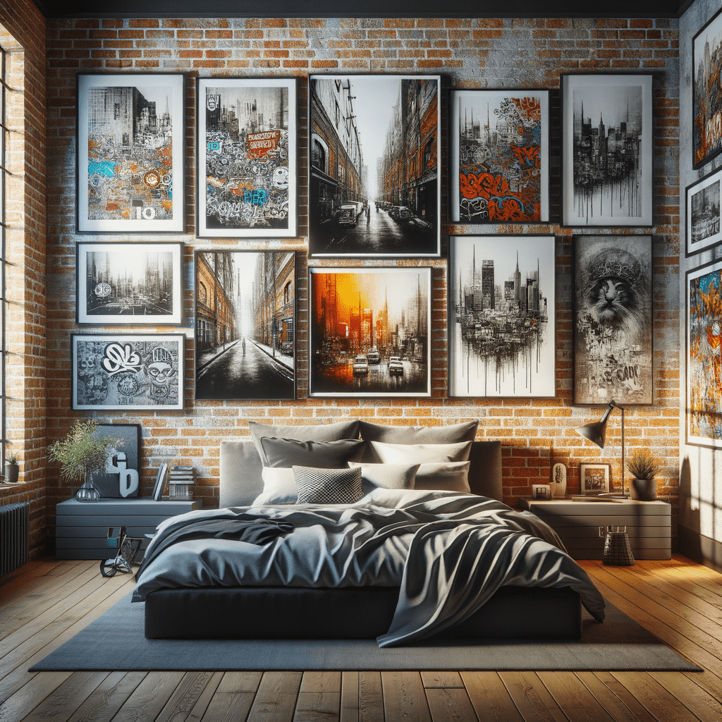 A modern bedroom with a large bed and a collection of urban-themed art pieces on a brick wall, lit by natural light from a window to the side.