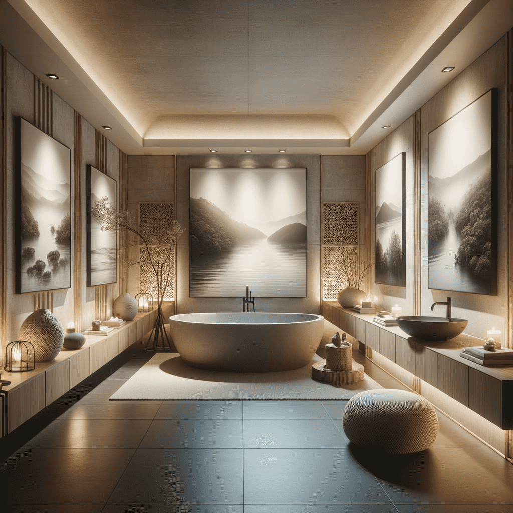 Luxurious bathroom with a modern freestanding bathtub, matching sinks, ambient lighting, and large wall art depicting serene landscapes.