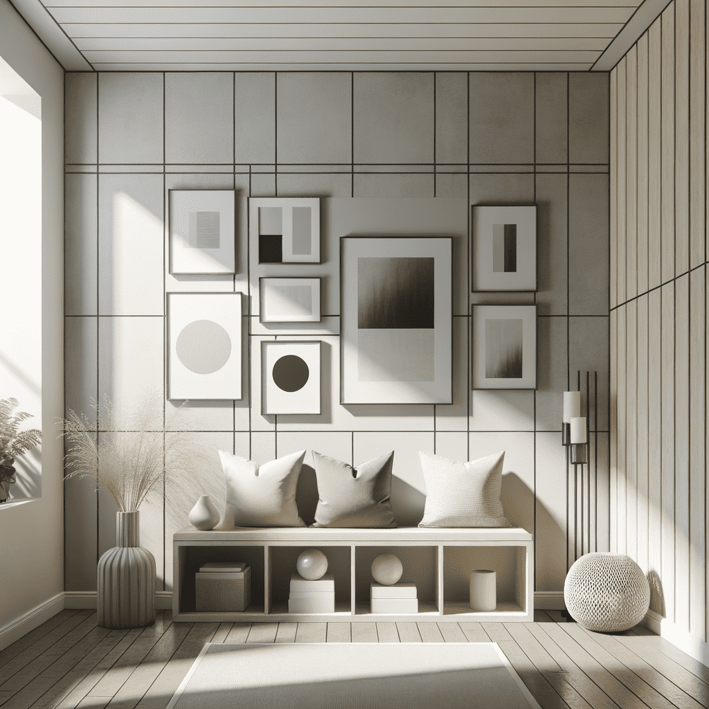 Alt text: A modern living room corner with a geometric wall art composition, a low bench with cushions, decorative vases, and a woven spherical pouf on a wooden floor. The room is bathed in natural sunlight.