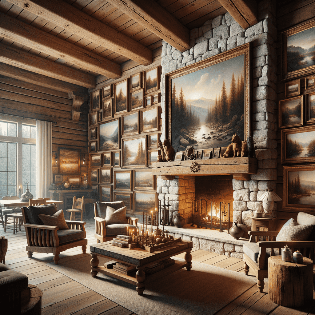 Cozy cabin interior with a grand stone fireplace surrounded by landscape paintings, rustic wooden furniture, and a glowing fire creating a warm, inviting atmosphere.