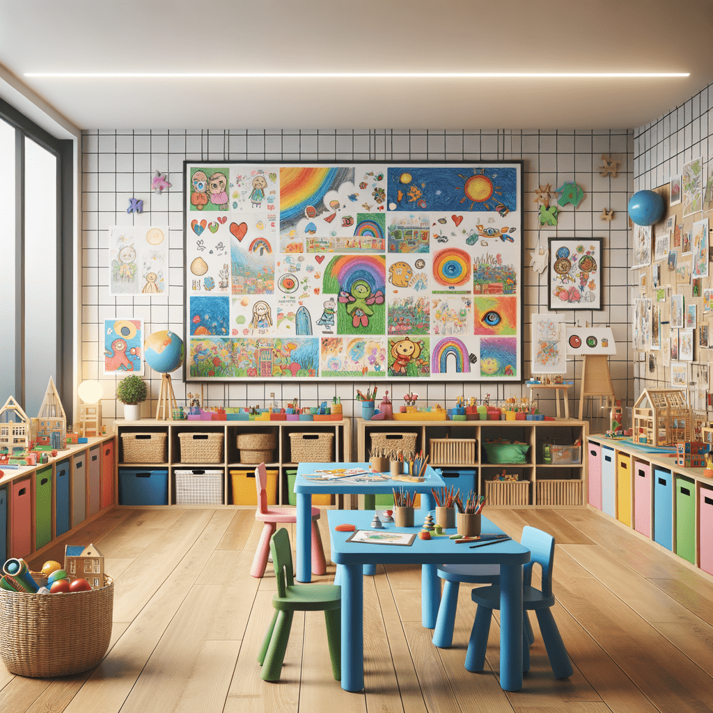 A colorful children's playroom with artwork on the walls, a variety of toys, and small tables and chairs for activities.