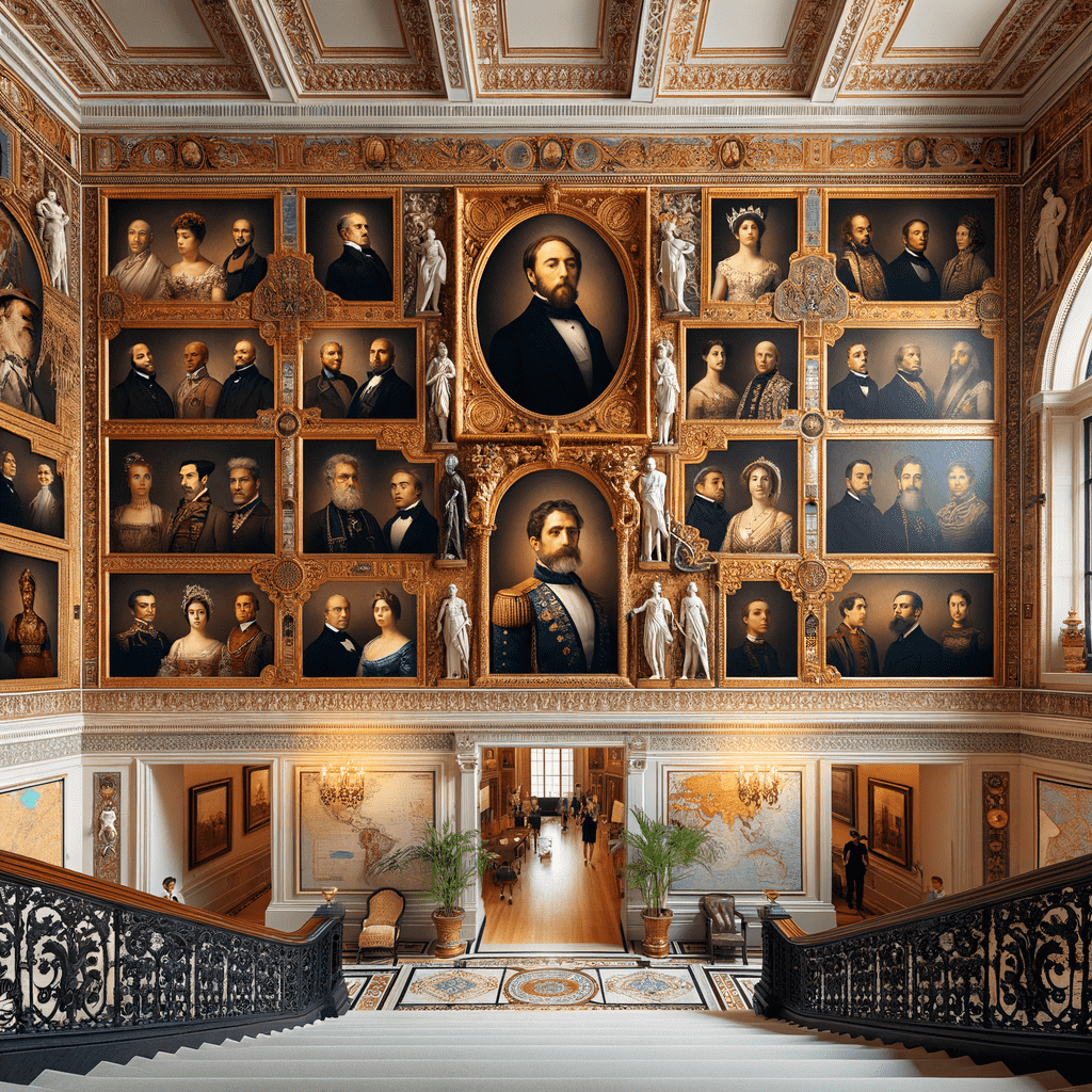 Opulent interior of a grand hallway with ornate ceilings adorned with portraits in gilded frames, elegant staircases, and detailed floor mosaics.