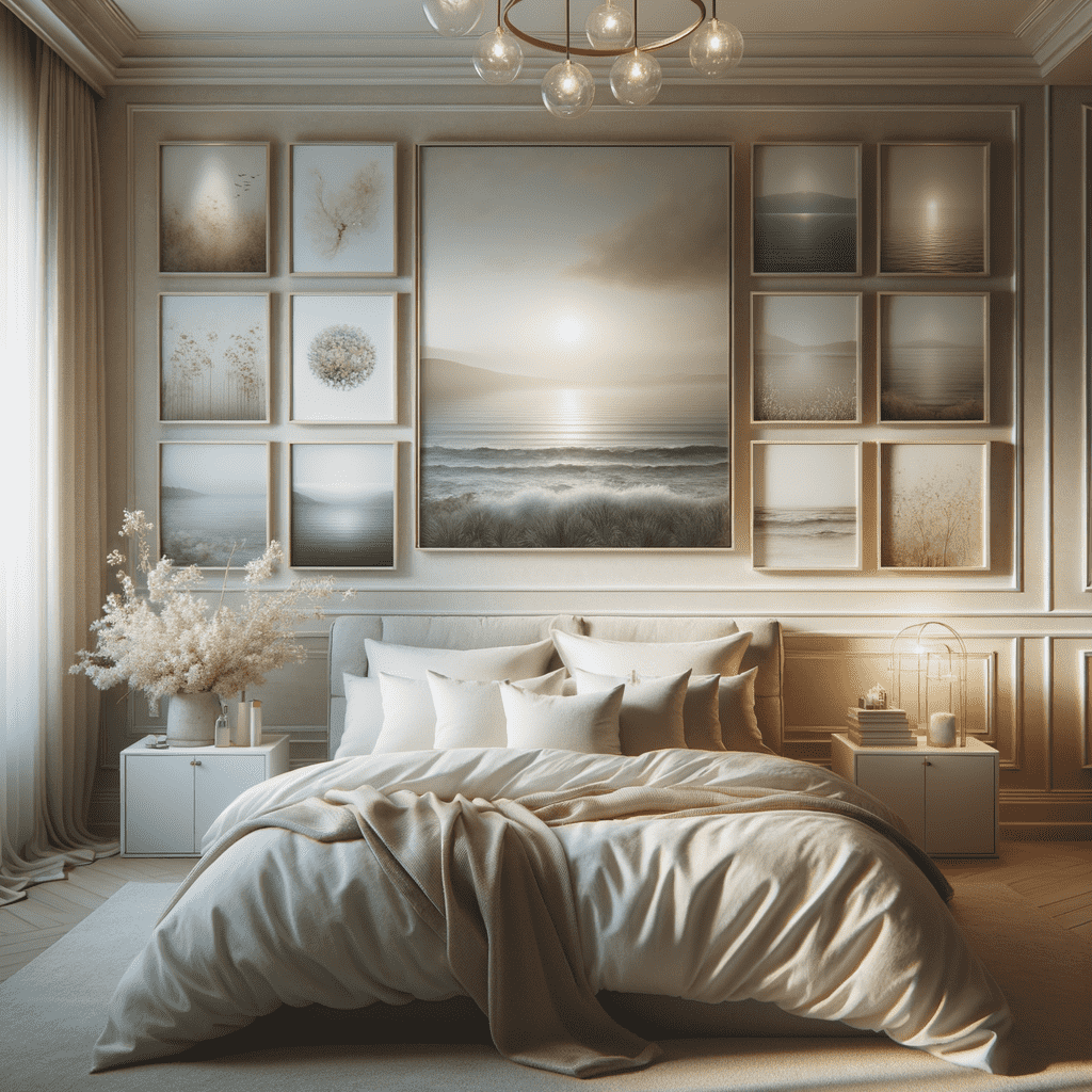 A cozy bedroom with a neatly made bed and a large wall decorated with several framed images of nature, featuring a central picture of a beach at sunset.